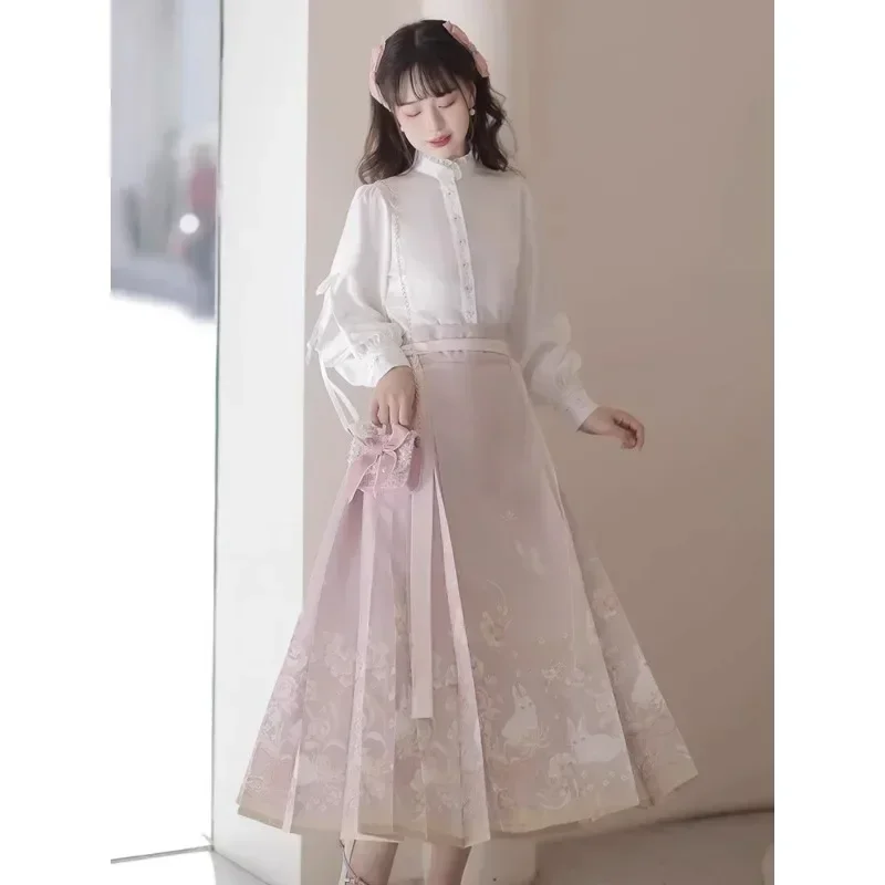 Autunno Ming Dynasty colletto in pizzo camicia a maniche lunghe coniglio stampato gonna a forma di cavallo donna migliorata abiti Hanfu in stile cinese