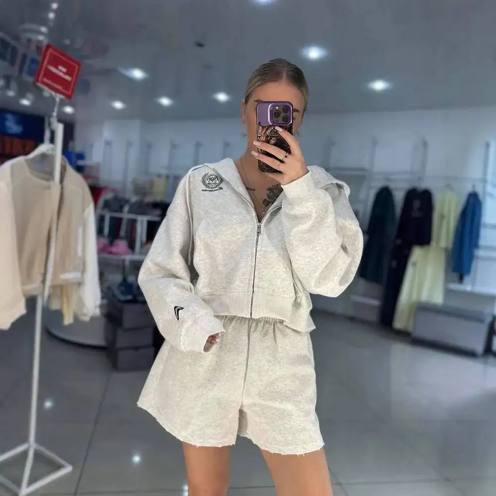 

Fashion Hooded Casual Knitted For Women Autumn And Winter New Sweater Cardigan Jacket Wide-Leg Shorts Two-Piece Suit