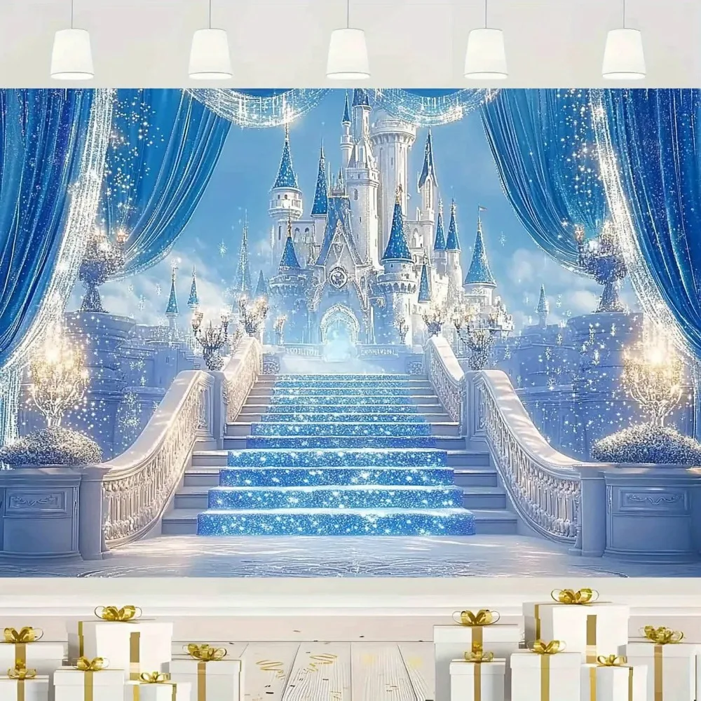 Funkelnder und bezaubernder blau-weißer Banner-Hintergrund im Schloss-Stil, Geburtstagsfeier, Heimdekoration, Fotografie-Hintergrundstoff
