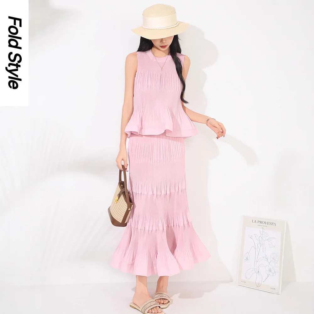 

Miyake Suit Women's Summer Two-piece Set Hot-selling New Design Toothpick Pleated Sleeveless Vest Top High Waist Skirt Set