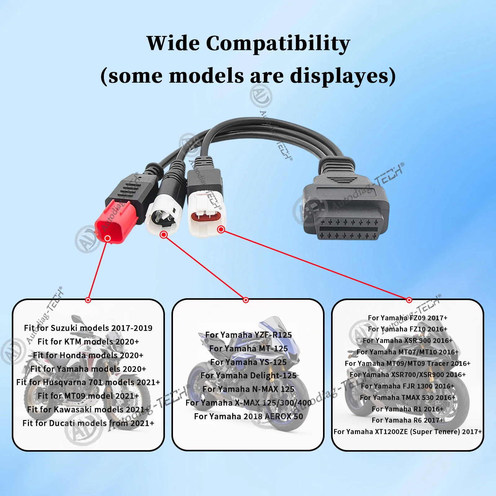 3-in-1 OBD2 Diagnostic Adapter Cable for Yamaha Motorcycle Kline Honda CRF KTM,Fit Euro 5 3pin+4pin+6pin to 16pin Connector