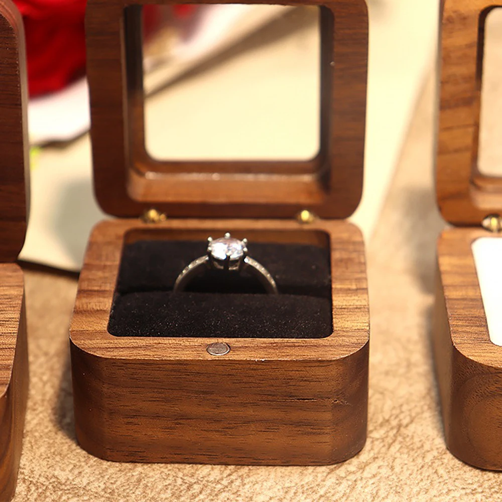 Solid Wood with Window Proposal Ring Box Carving Magnetic Attraction Engagement Ring Storage Box Wedding Flannel Jewelry Box