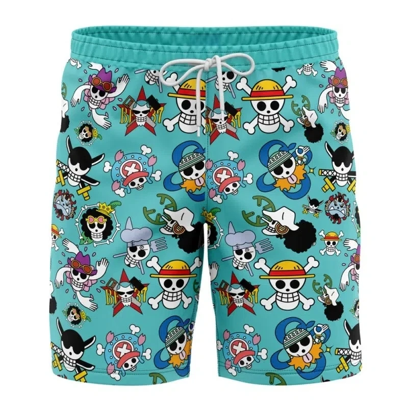 Shorts de Natação One Piece Straw Hat Pirates, Estampa de Caveira de Anime em Toda a Peça, Shorts Casuais de Praia Teal para o Verão Masculino