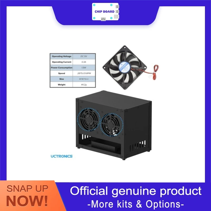 UCTRONICS Cluster Tower for Raspberry Pi 5, 4B, 3B+ and 3B, Four SSD Bays, PoE+ Hat Clearance, Twin Fans Fitted
