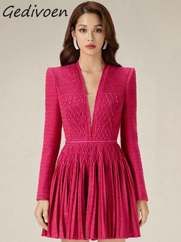 

Gedivoen Autumn Fashion Designer Rose Red Vintage Dress Women's Sexy Deep V Neck Cross High Waist Slim Pleated Mini Short Dress