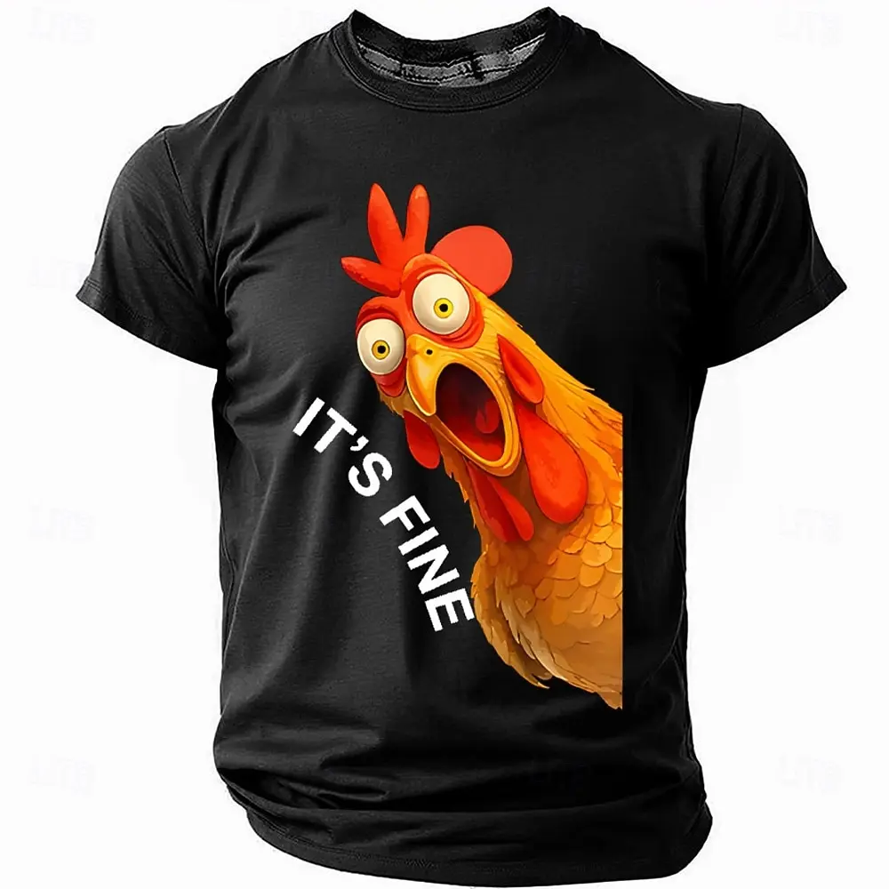 Men's Funny Screaming Rooster Print T-Shirt It's Fine Humorous Chicken Graphic Crew Neck Short Sleeve Tee