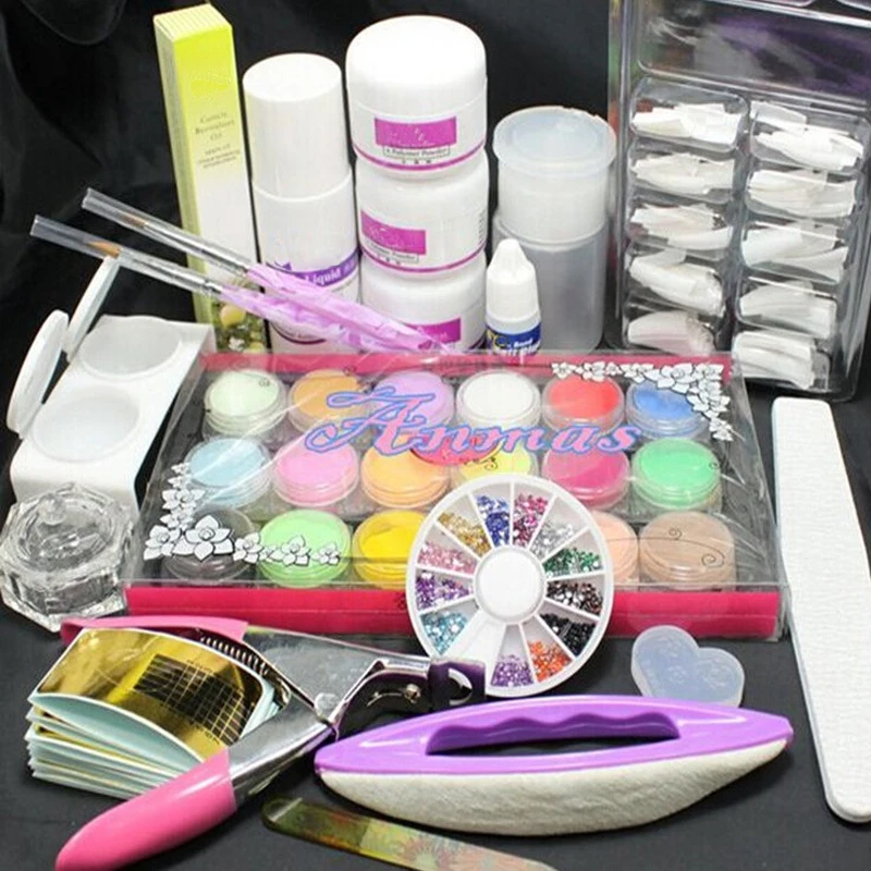 Professional Nail Art Manicure Acrylic Liquid Powder Glitter Art UV Gel Rhinestones Tips Brush Tool Nail Set Kit