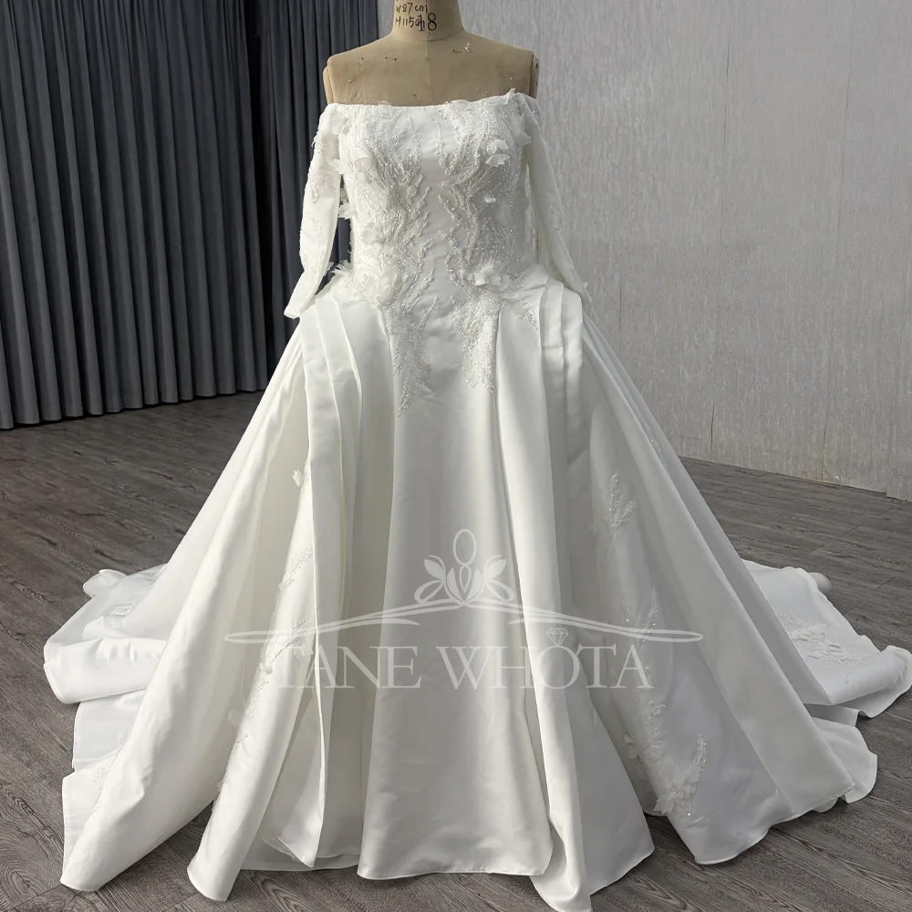

Plus Size Strapless Wedding Dress With Long Sleeves Lace-Up Back Appliques Beading Sequined Customizable Bridal Gown