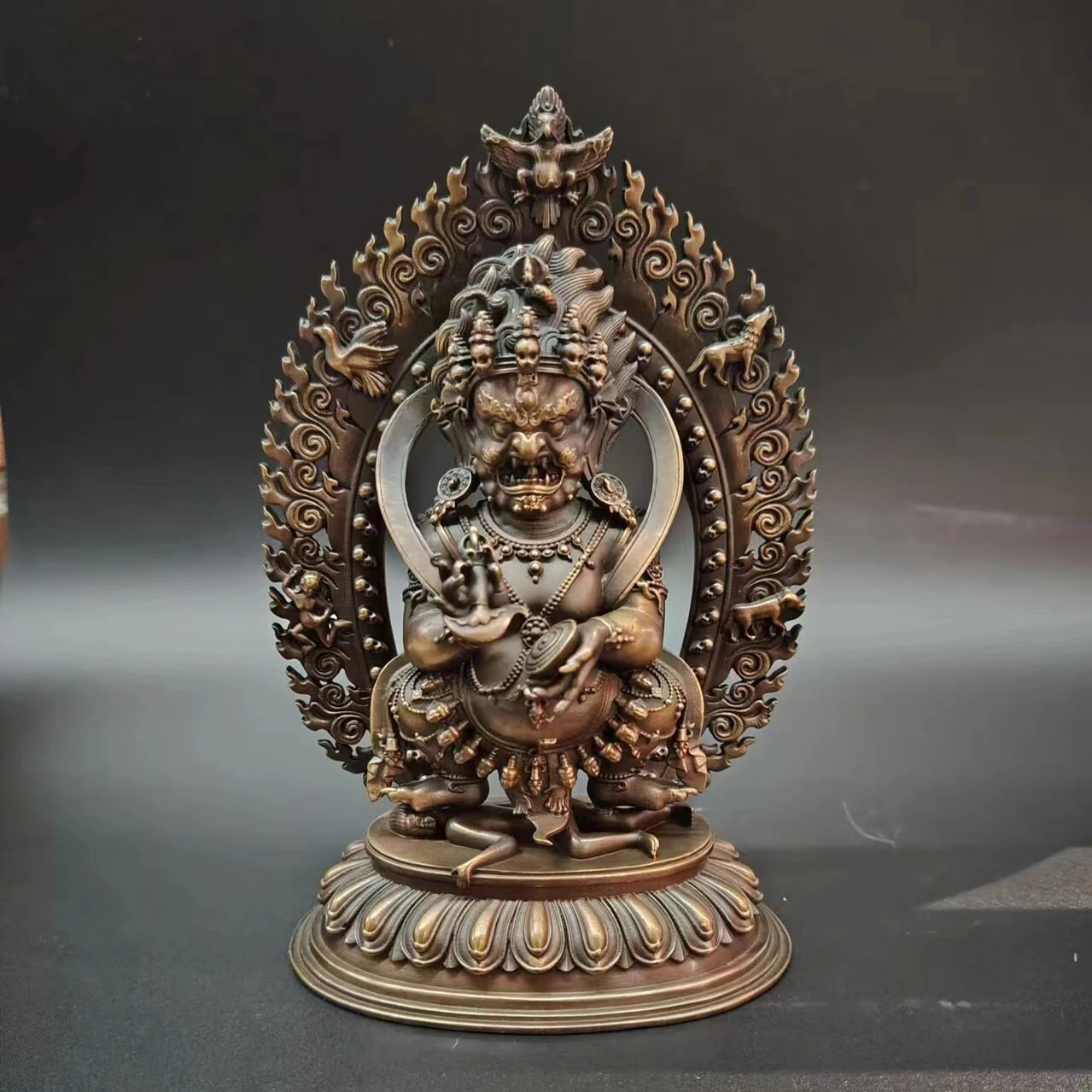Antique Copper Tibetan Two-Arm Mahakala Protector Statue 17.5cm Indoor Home Decor Fillable Blessing