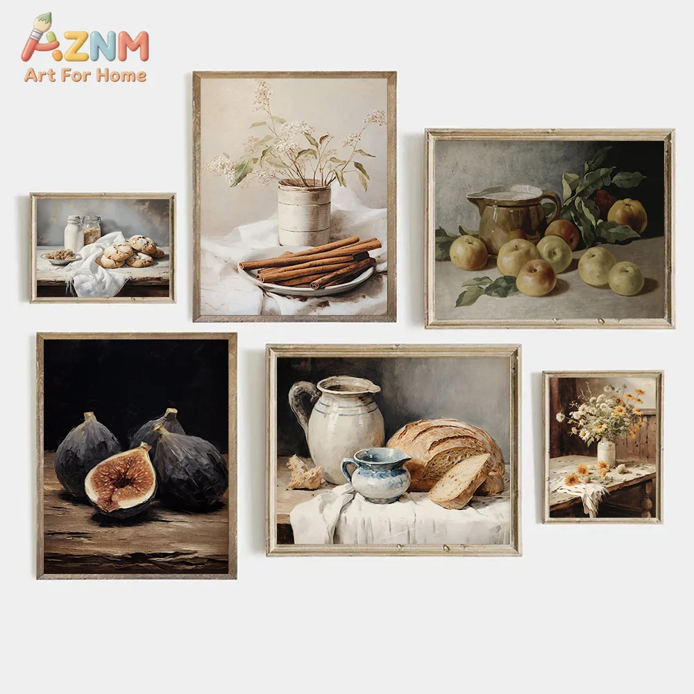 AZNM Vintage Neutral Still Life Canvas Print Fruit Bread Flower Pot Antique Oil Painting Farmhouse Kitchen Wall Poster Unframed