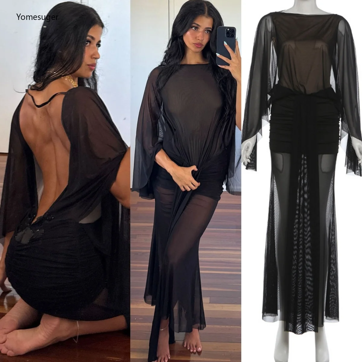 Yomesugar sexy sem costas borboleta vestido preto feminino dupla camada de malha retalhos manga cheia magro longo vestido de noite clubwear