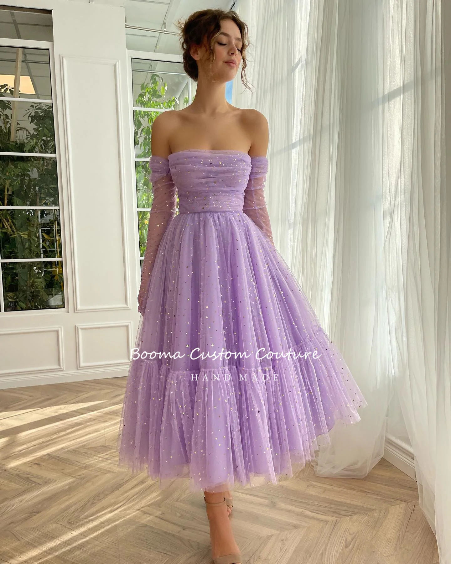 Booma Sparkly Lavender Starry Tulle Midi Prom Dresses Strapless Tea-Length A-Line Wedding Party Dresses Short Formal Prom Gowns