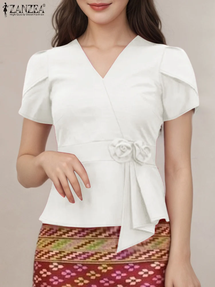 

ZANZEA Women Elegant Fabric Flower Blouses 2025 Summer V-Neck Petal Sleeves Zip-Back Blusas Mujer Streetwear Solid Color Tops