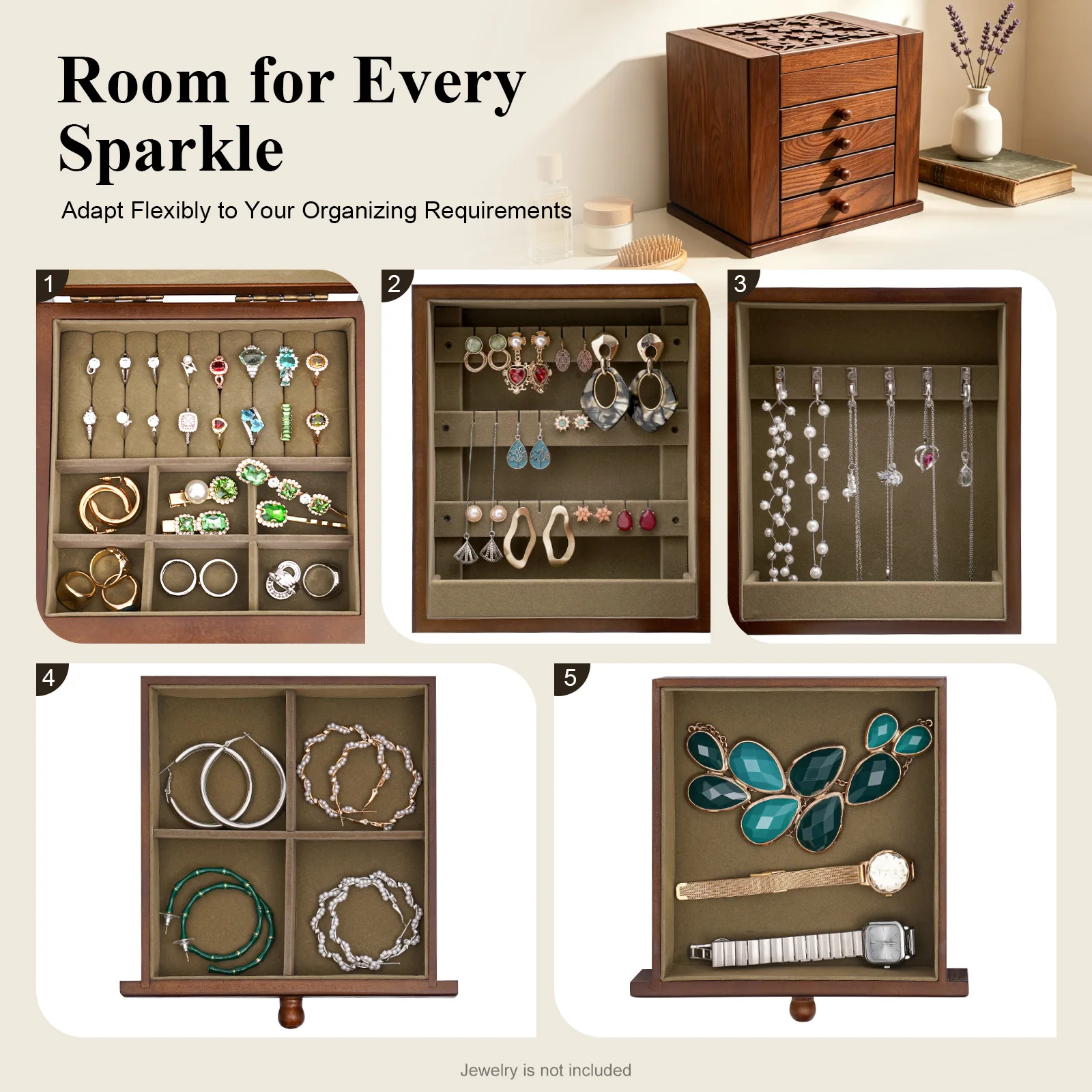 

5-tier Jewelry Box Multi Drawers Large Capacity Mirror Design Dustproof Vintage Jewelry Organizer Desktop Storage Case for Home