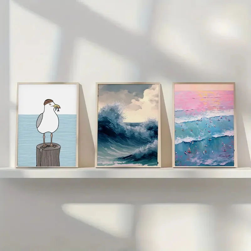1pc Aesthetic Coastal Canvas Wall Art Seaside Beach Birds Fish House Decor Modern Ocean Waves Minimalist Print Vintage Poster