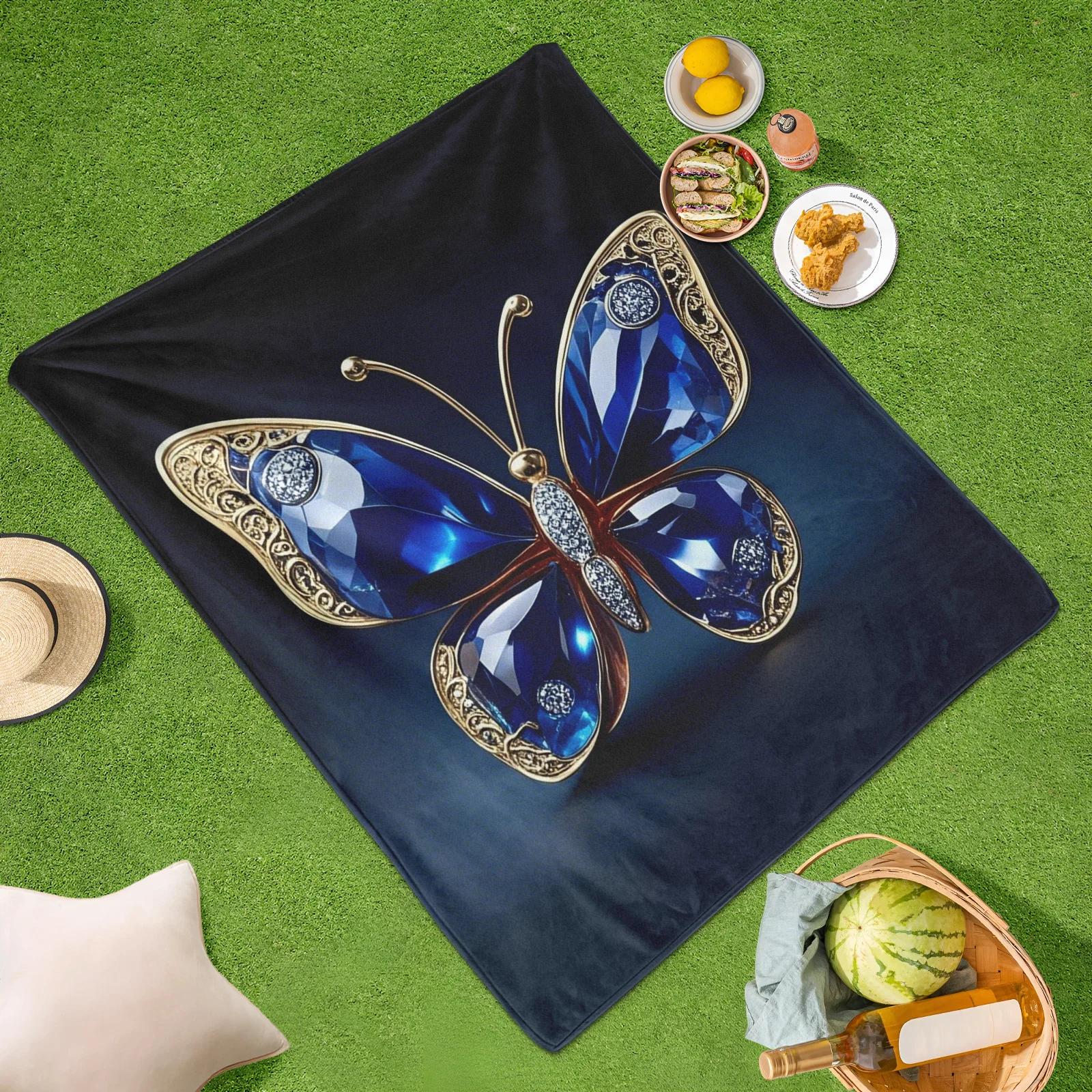 Vlinderblauwe edelsteen geïnspireerde buitendeken voor creatieve ontspanning en gezellig comfort in de natuur