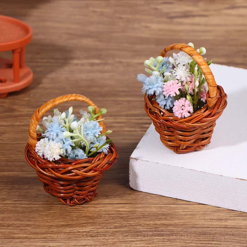1Set 1:12 Dollhouse Miniature Woven Flower Basket Hand Basket Storage Basket Kids Pretend Play Toy Doll House Accessories