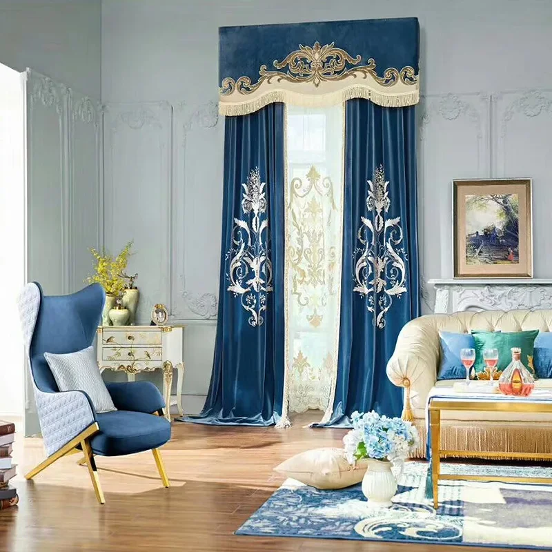 New Velvet Embroidered Curtains European Style Light Luxury Villa Duplex Blackout Large Flower Curtain Fabric Room Decor Sale