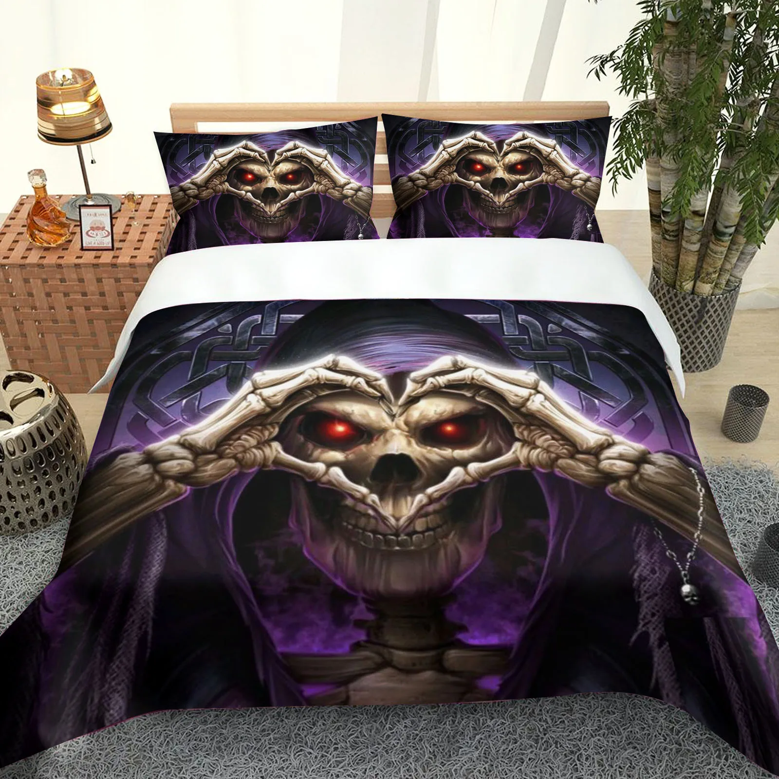 Skeleton Quilt Cover Set, 100% Polyester, 3D Decor Print, Comfortable Set, Dark Style, Breathable Bedding for Teenager Children