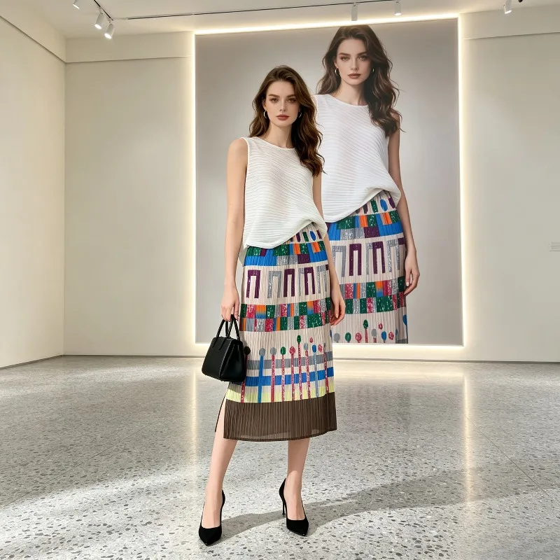 

Miyake Pleated 2026 New Women's Summer Skirt Printed Split Elastic Waist Loose Versatile Mid-Length Skirt Elegant Straight Skirt