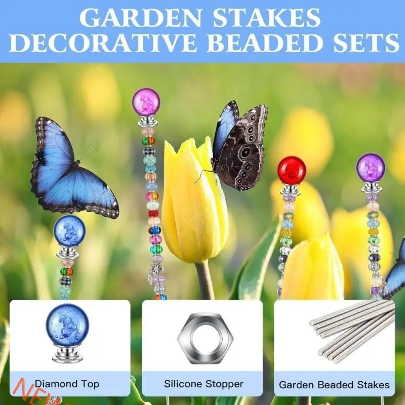 Multicolored Bead Garden Stakes Silver Beading for Outdoor Decoration