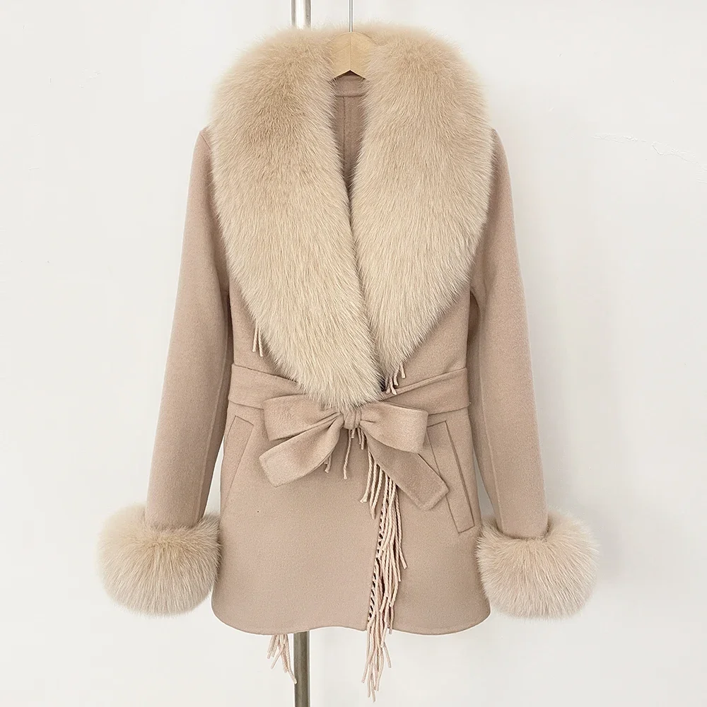 リアルファーコート 2025 秋冬新作 本物の毛皮ジャケット レディース ウール混紡 ショートフォックスファー 天然毛皮 ウールジャケット 女性用オーバーコート