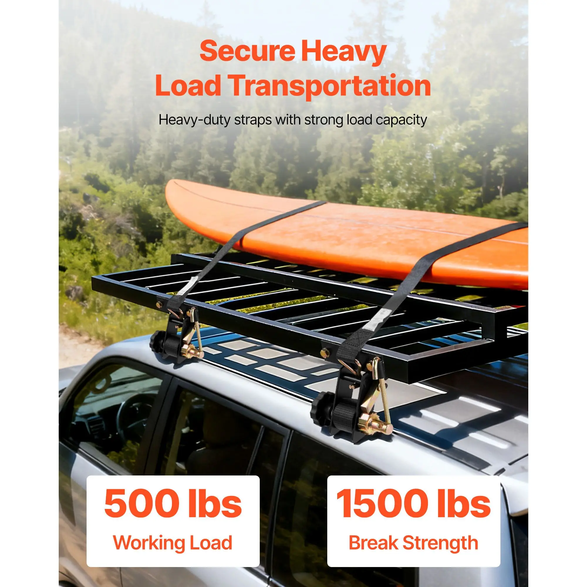 Ladder Rack Ratchet Straps, Black Square Tube Mount, 1.5 in Wide x 7.4 ft Long with Double J-Hooks, 500 lbs Load Heavy Duty