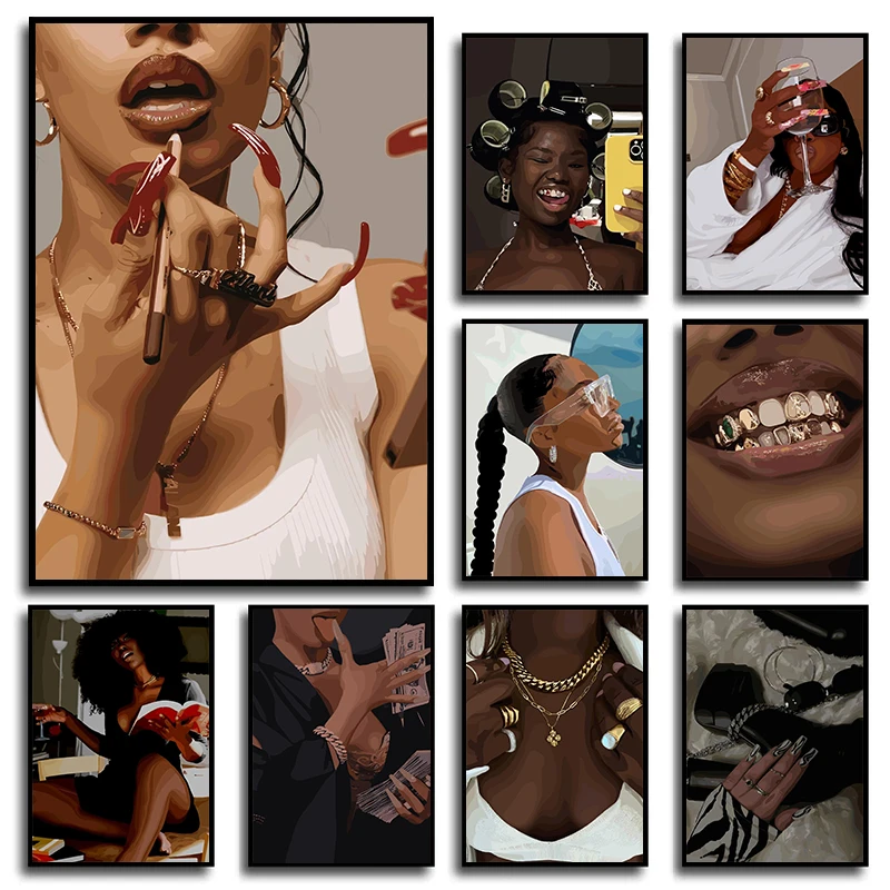 Moderne Afroamerikanische Schwarze Frau Modeporträt Poster und Drucke Leinwanddruck Wandkunst Bild für Wohnzimmer-Dekoration