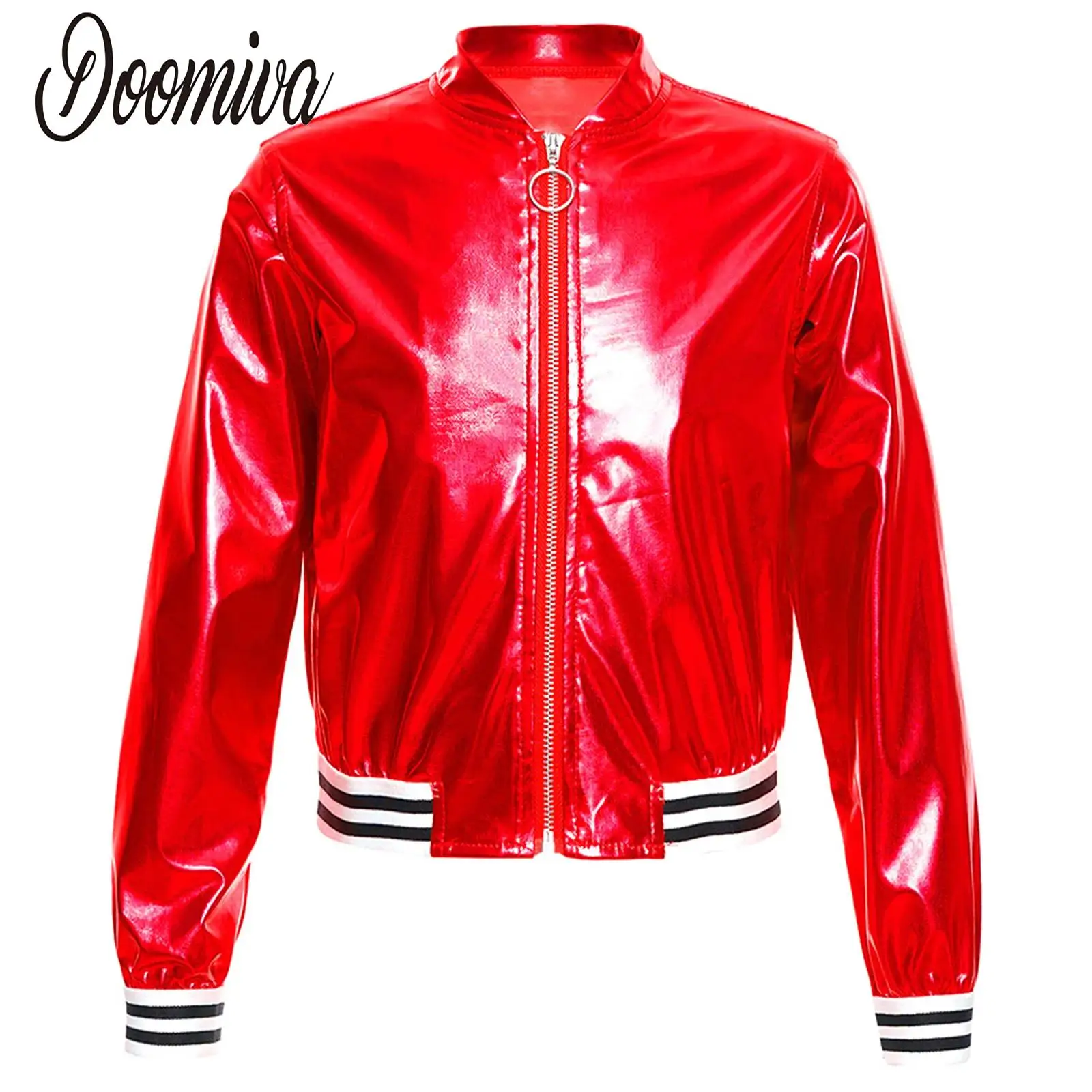 

Girls Shiny Choir Baseball Jacket Bolero Blazer Modern Street Hip Hop Dance Coat Long Sleeve Metallic Zipper Bomber Outerwear