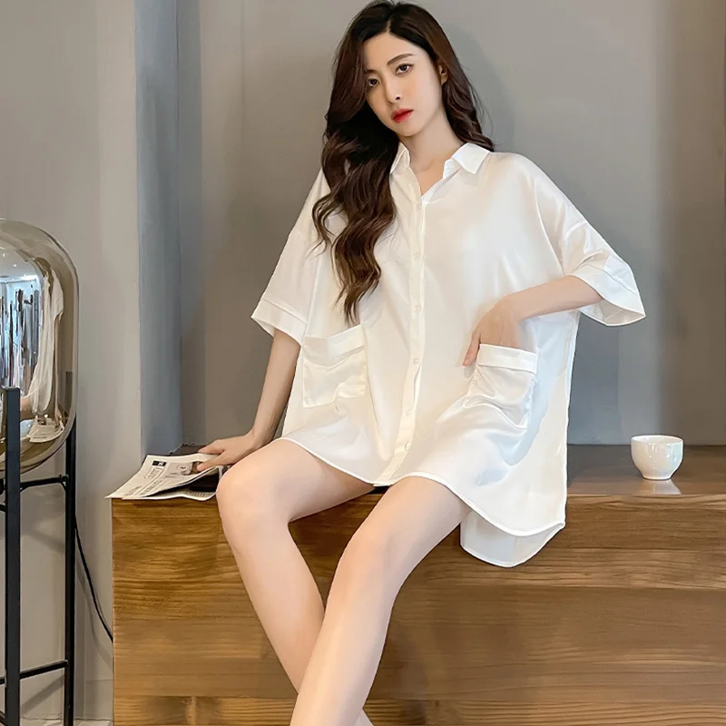 Spring Summer Cute Nightgown Women Chiffon Shirt Boyfriend Style Underwear Night Dress Loose Thin Solid Ice Silk Sleepwear