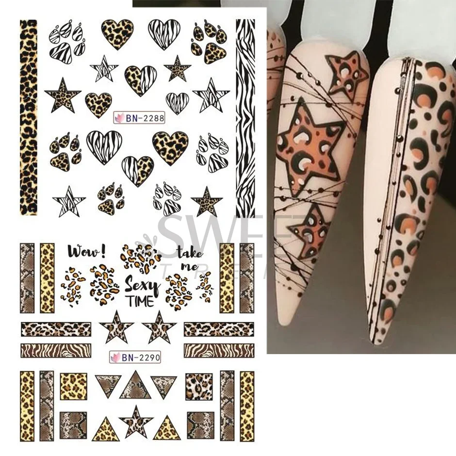 12pcs Animal Print Nail Art Design Wild Heart Love Leopard Snake Skin Slider Geometry Nail Stickers Water Manciure Tattoo SABN