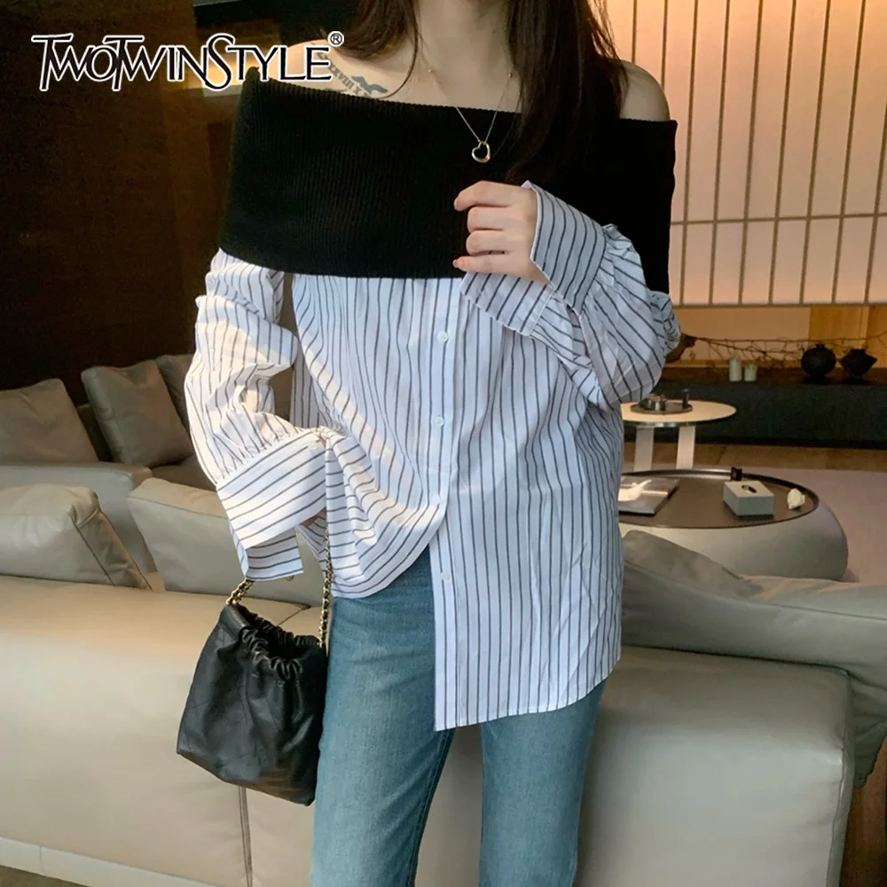 

TWOTWINSTYLE Hit Color Spliced Striped Shirt Female Slash Neck Long Sleeve Loose Temperament Women's Shirts Autumn Fashion New