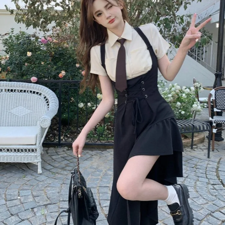 2024 Spring New Lapel Neck Shirts Women+ Vintage Lace Up Irregular Slim Waist Black Strap Dress Y2k E-Girl Two Piece Sets