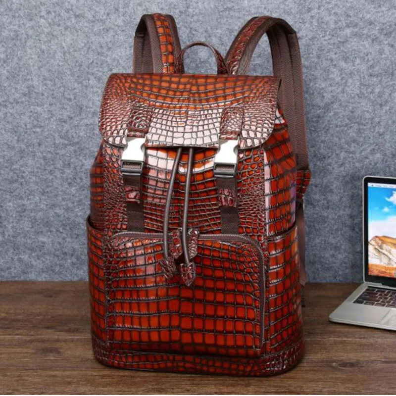 Bolso de cuero genuino con patrón de cocodrilo para hombre, mochila informal de negocios, bolsa de viaje de gran capacidad