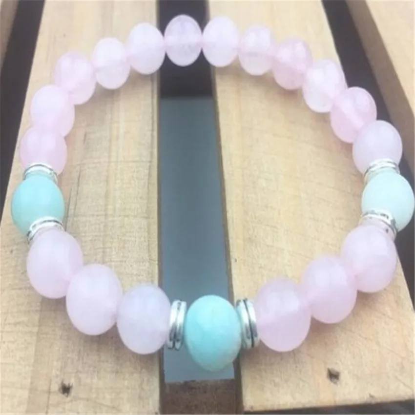 

8mm Rose Quartz Amazoniteite Bracelet 7.5 inches Beaded Classic Artisan Karma Stackable Bohemian Adjustable Gift Teens Prayer