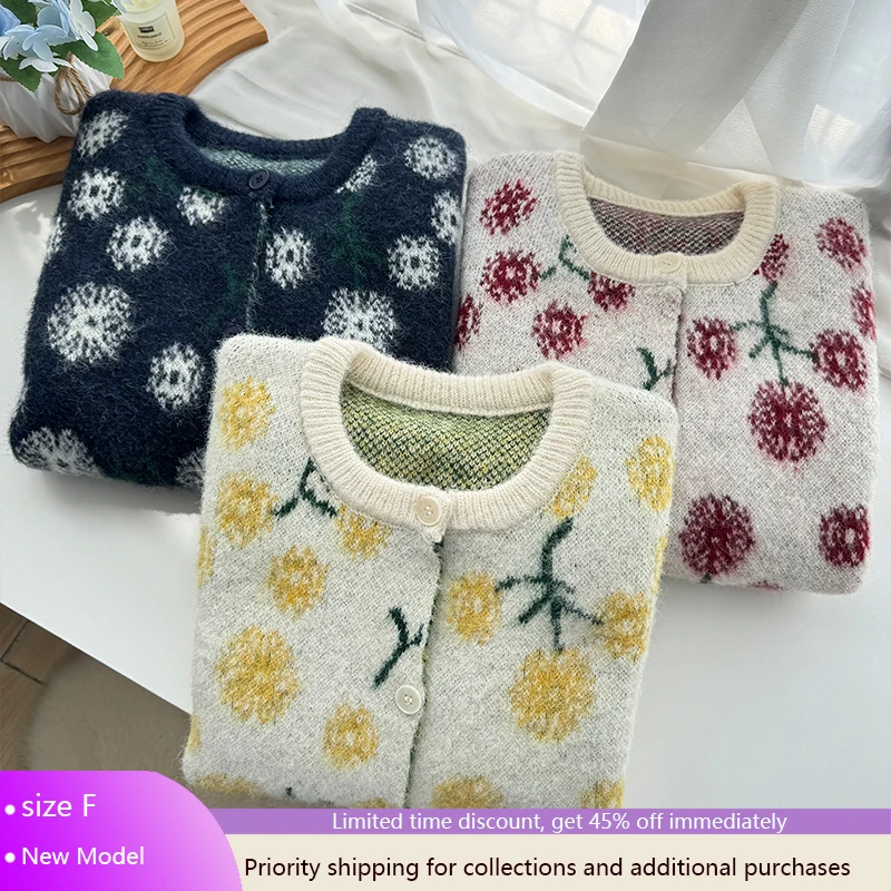 스웨터 코트 한국 디자인 Y2K 여성용 스웨터 가을 겨울 민들레 프린트 루즈 오픈 스티치 라운드 넥 니트 점퍼