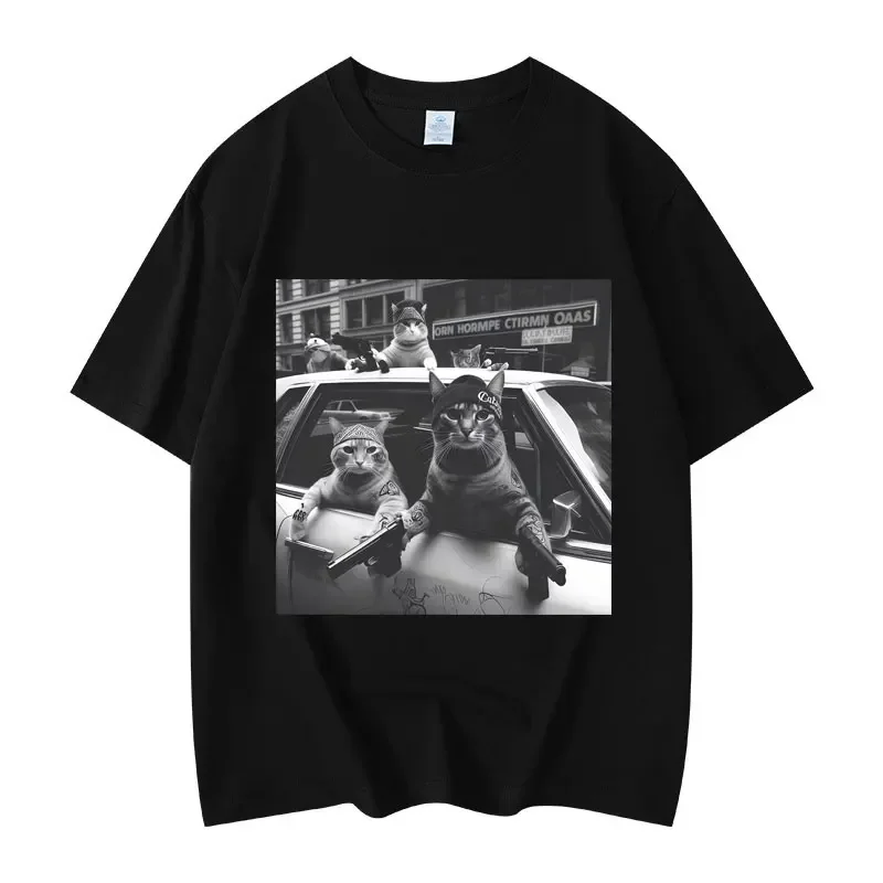 

Fun gang cat print T-shirt for men, fashionable retro T-shirt, high-quality pure cotton outdoor casual loose breathable top