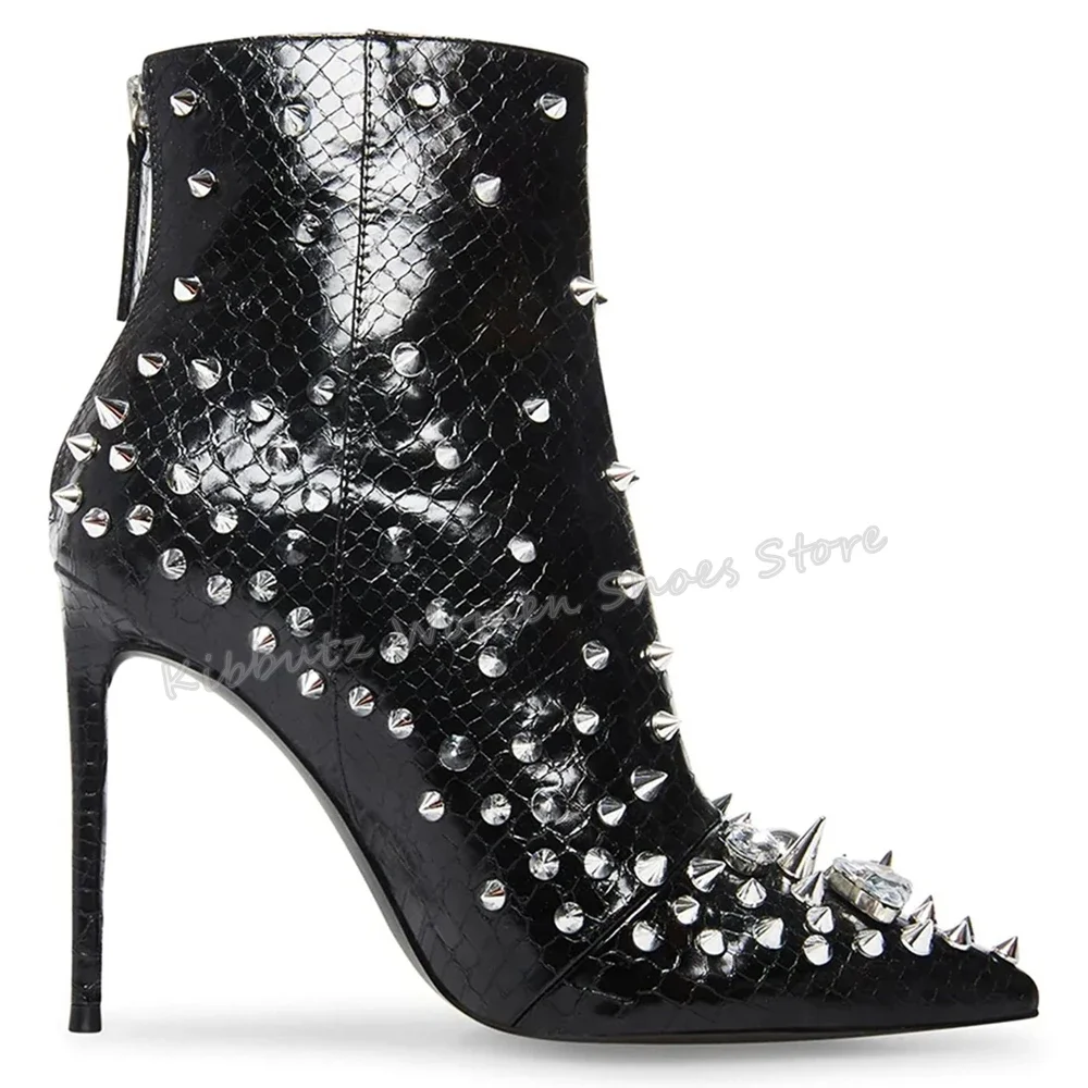 Crystal Rivet Embellished Ankle Booties Genuine Leather Fashion Elegant Luxury Concise Back Zippers Pointed Toe Thin Heels Shoes