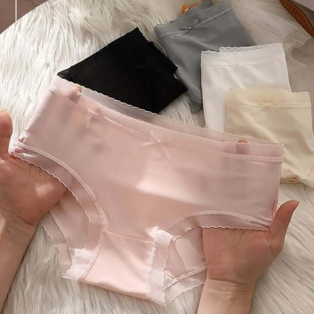 

Comfortable Bow Ice Silk Panties Mid Waist Transparent Ruffle Briefs Simple Female Lingerie Underpants for Women Women