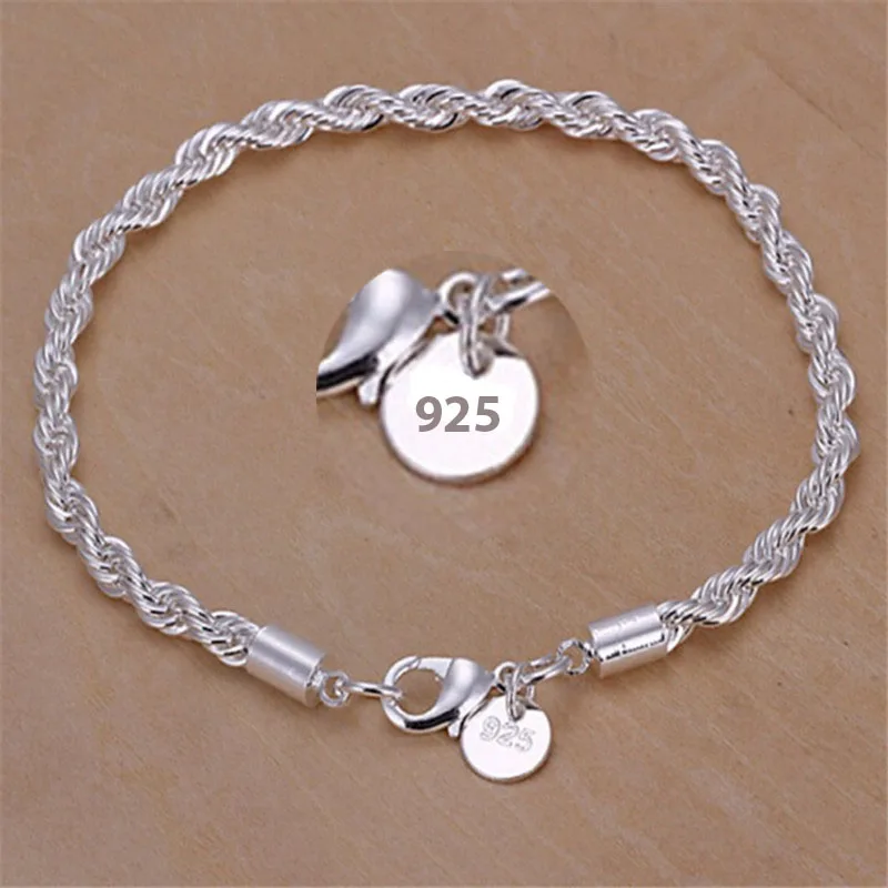 

NEW 925 Sterling Silver 4MM Women Men chain Male Twisted Rope Bracelets Fashion Silver Jewelry