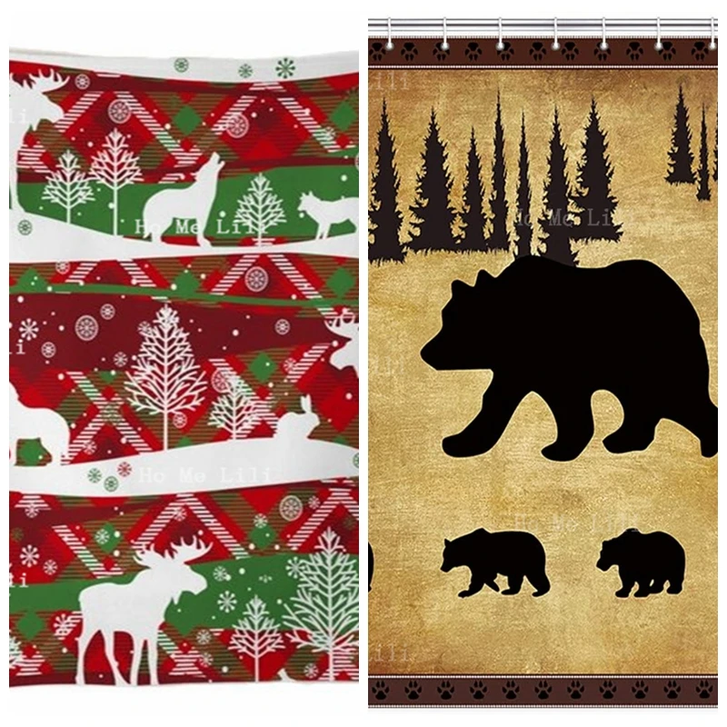 Woodland Deer Animal Black Bear Shower Curtain Rustic Cabin Wildlife Design Mother And Four Cute Baby Bathroom Accessories