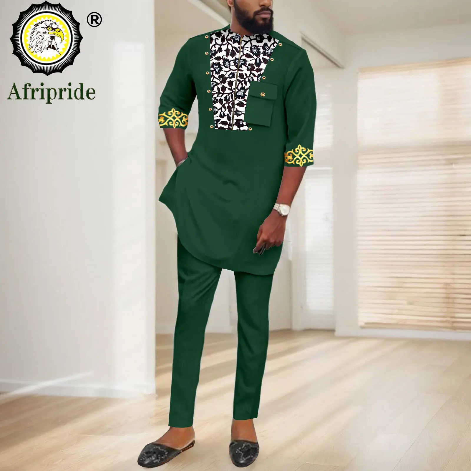 Mens 2 Piece Set Embroidery Traditional Suit Short Sleeve Print Shirt and Pants Outfit Plus Size African Clothes 2416092