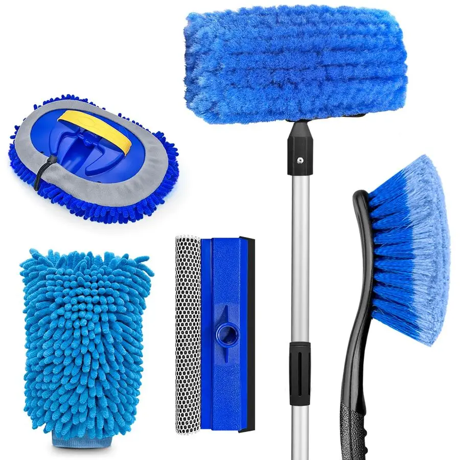 

FiveSided Car Wash Brush with Long Handle, ScratchFree Car Cleaning Kit with Soft Wash Brush, Tire Brush, Window Squeegee, Car W