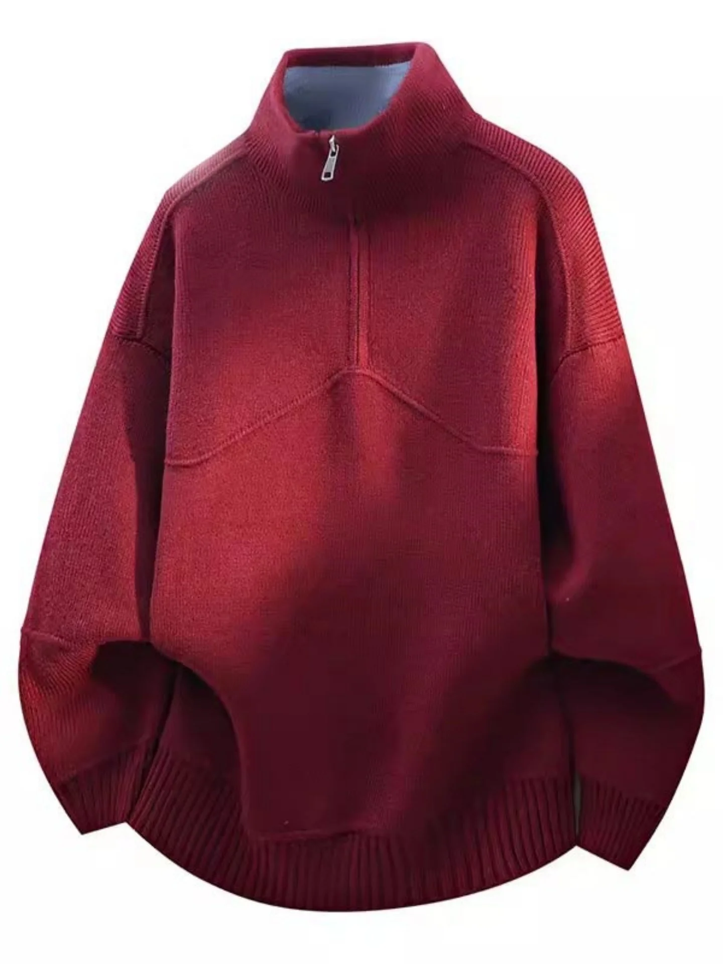 

Мужской свитер свободного кроя винного цвета с молнией, вязаный, осенне-зимний, модный, уличный стиль, с воротником-стойкой, универсальный, повседневный