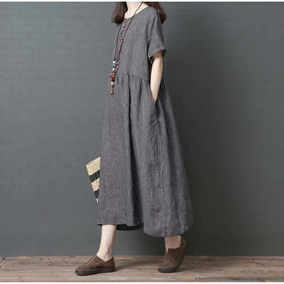 

2025 New Korean Sle Loose plus Size Women's Summer Dr Cotton Linen ort Sve Midi Stripe Dr Slimming Effect