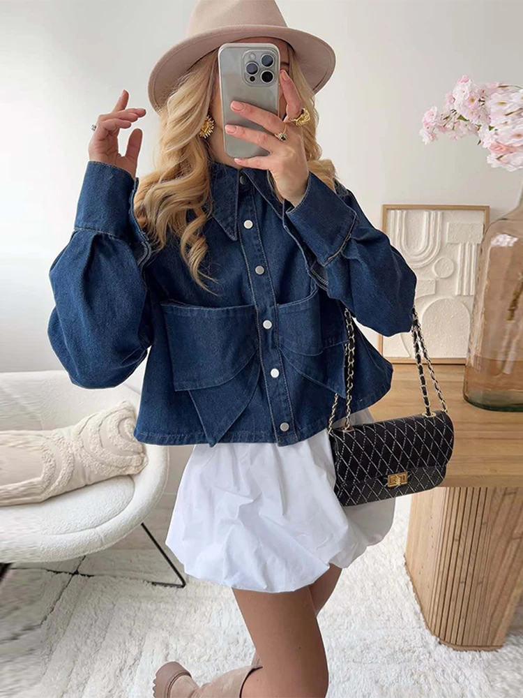 

Y2k женские синие джинсовые куртки пальто с лацканами однобортные пышные рукава мешковатые джинсы топы однотонная уличная одежда женское повседневное пальто