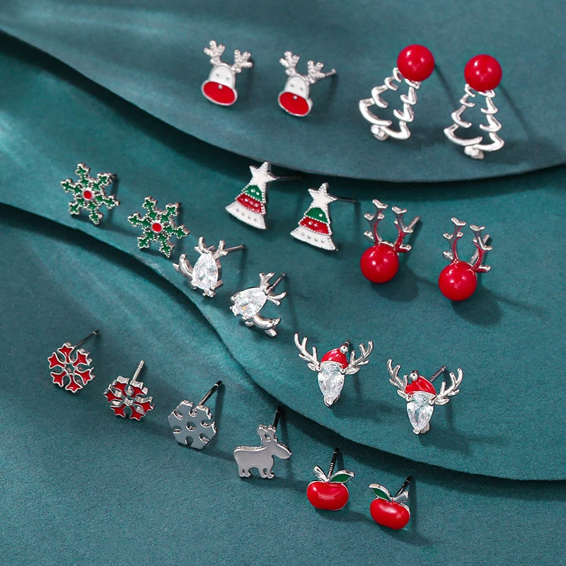 Exquisite Inlaid Zircon Christmas Small Stud Earrings For Women Red Elk Snowflake Xmas Tree Snowman Asymmetrical Earring Jewelry