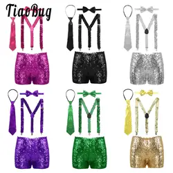 Boys Girls Jazz Latin Disco Dance Outfits Shiny Sequins Shorts with Elastic Y Shape Suspenders Necktie Bow Tie Set for Children