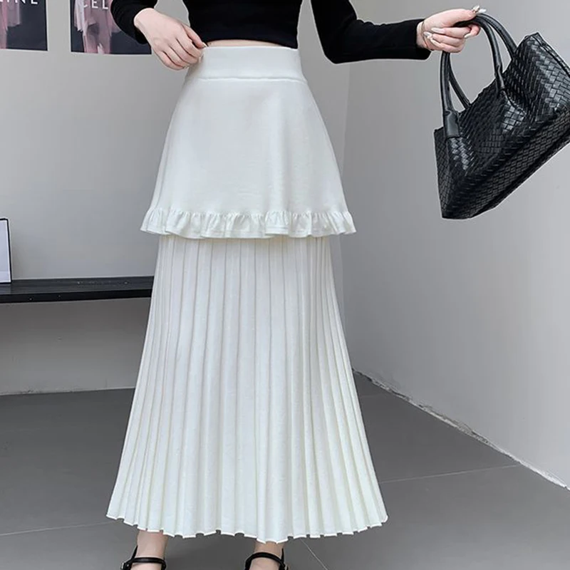 Elegant Knit Midi Skirt Women Autumn Winter Office Lady Simple A Line Skirts High Waist Ruffles Fake Two Piece Patchwork Skirt