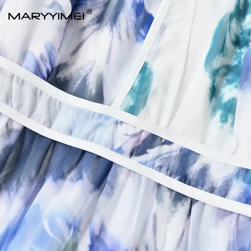 Imagem -05 - Maryyyimei-vestido Midi Listrado Feminino Manga Lanterna Tie-dye Estampado Elegante Férias Designer de Moda Outono